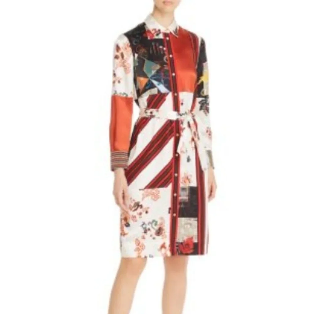 NWOT Tory Burch Printed Patchwork Silk-blend Shirt Midi Dress XS $628